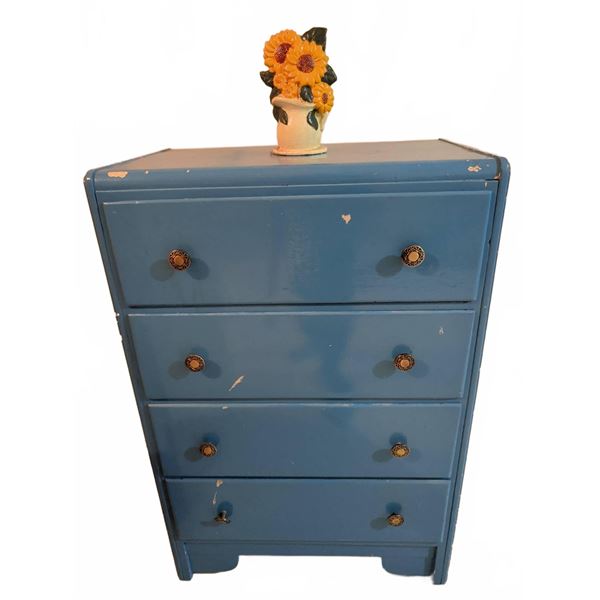 Blue Four Drawer Wooden Dresser With Knobs And Sunflower Motif Doorstop