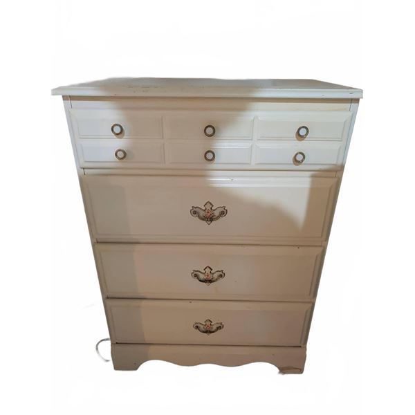 White Chest of Drawers with Floral Porcelain Handles and Brass Pulls, Four Large Drawers