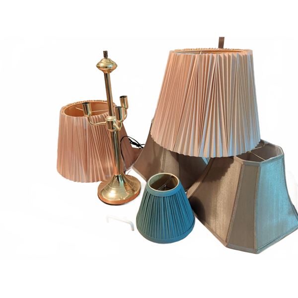 Brass Lamp Base With Six Assorted Pleated and Fabric Lampshades