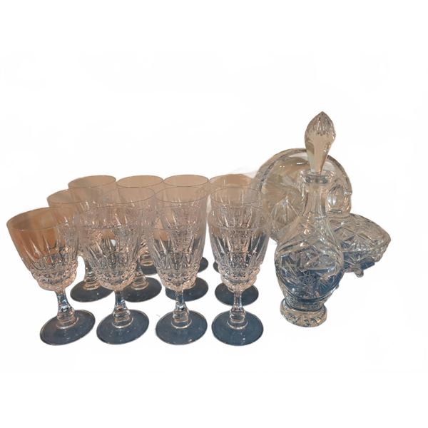 Cut Glass Crystal Stemware Set with Decanter, Bowl and Eight Glasses
