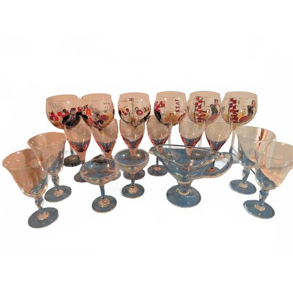 Set of 17 Glasses Including Jazz-Themed, Pink Stemware, and Sauce Boat