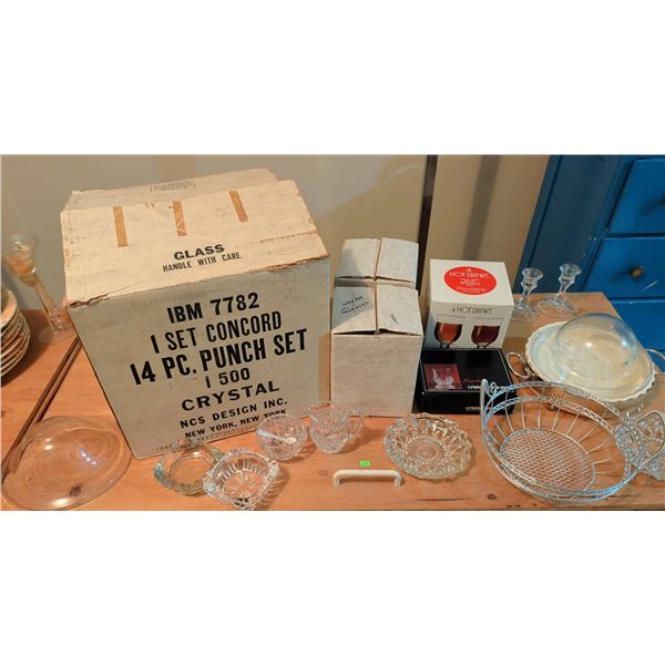 Crystal Party Glassware Lot With IBM Concord Punch Set, Longchamp, Hot Drink Glasses