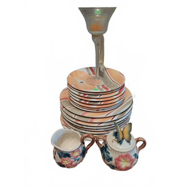 Italian Bartolini Plates, Creamer & Sugar, and Three Glass Candle Holders