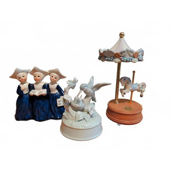 3 Musical Figurines: Nun Trio, Hummingbird, and Carousel Horse