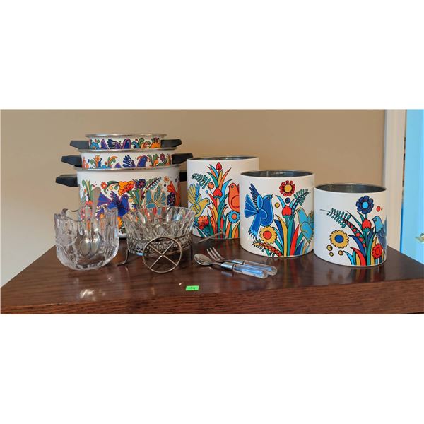 Enamel Floral Bird Canisters and Pots with Crystal Accessories and Flatware
