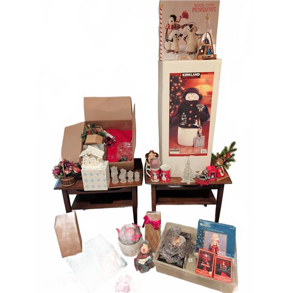 Christmas Decor Lot: Wood-Look Penguins, Kirkland Snowman, Figurines & Ornaments