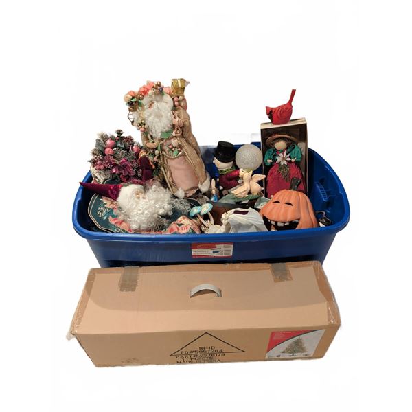 Mystery Holiday Holiday Decor Assortment and 4 Ft Pre-Lit Hillside Pine Tree in Storage Tote