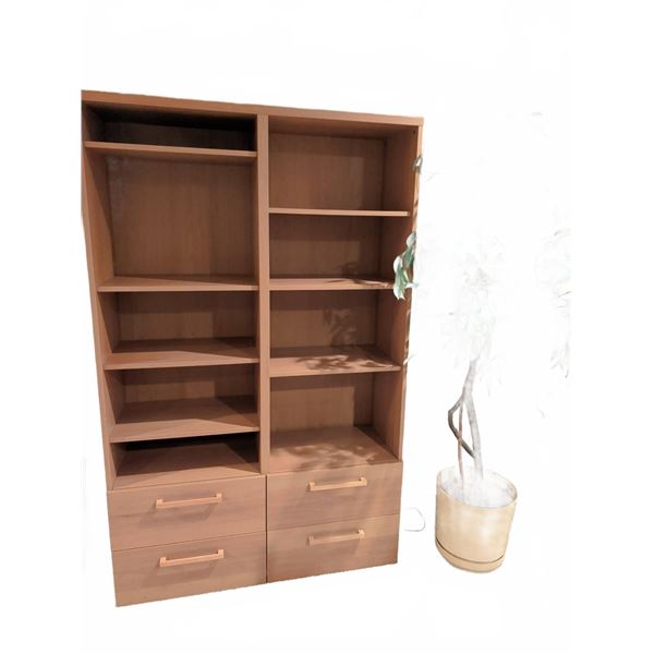 Light Wood Bookcase with Four Open Shelves and Four Drawers