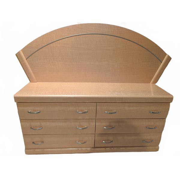 Double Dresser With 6 Drawers and Attached Curved Wood Backrest Panel