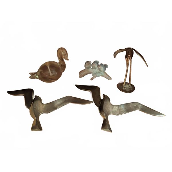 Lot: Brass Bird Figures, Glass Bird, Three Bluebirds, Metal Bird Sculpture