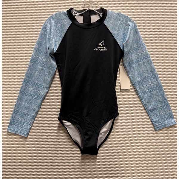 Women's Size 14 GMAF7464 Black Long-Sleeve One-Piece Rash Guard Swimsuit UPF 50
