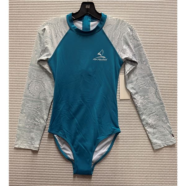 Women's Size 14 GSEA7227 Teal Long-Sleeve One-Piece Rash Guard Swimsuit UPF 50