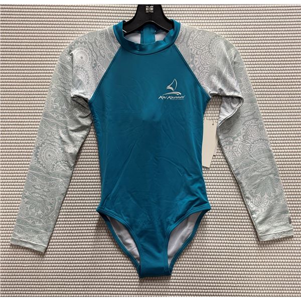 Women's Size 10 GSEA7227 Teal Long-Sleeve One-Piece Rash Guard Swimsuit UPF 50