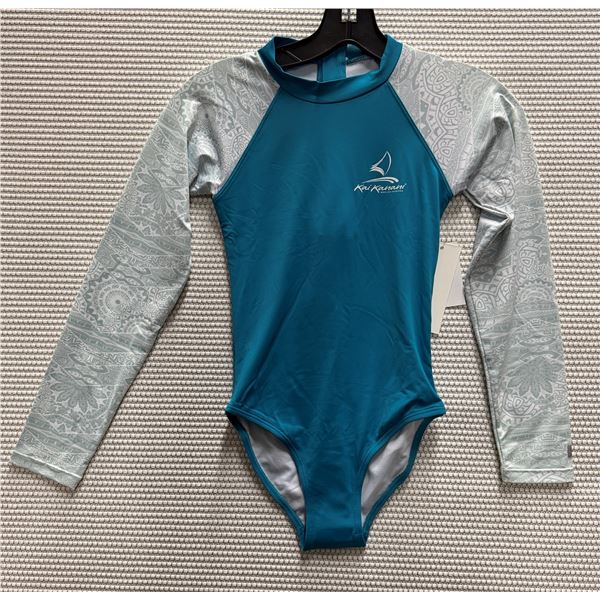 Women's Size 6 GSEA7227 Teal Long-Sleeve One-Piece Rash Guard Swimsuit UPF 50