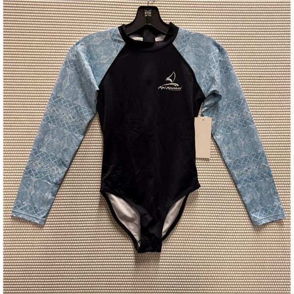 Women's Size 10 GMAF7464 Black Long-Sleeve One-Piece Rash Guard Swimsuit UPF 50