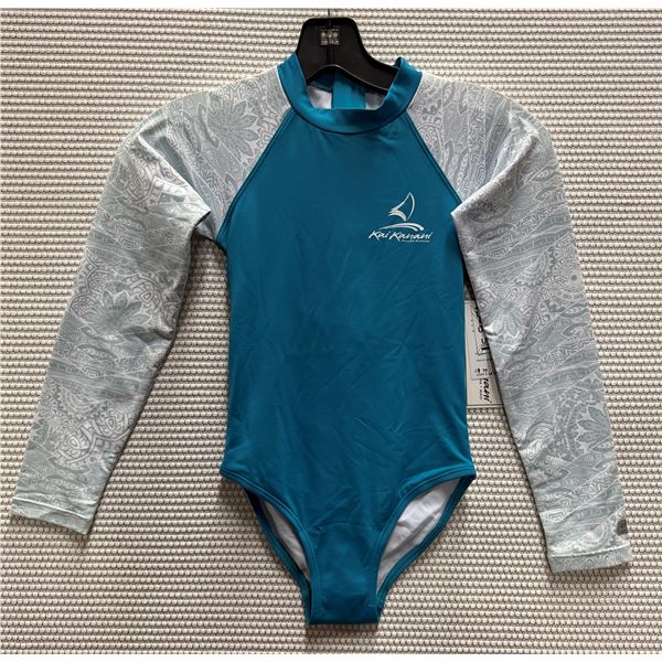 Women's Size 8 GSEA7227 Teal Long-Sleeve One-Piece Rash Guard Swimsuit UPF 50