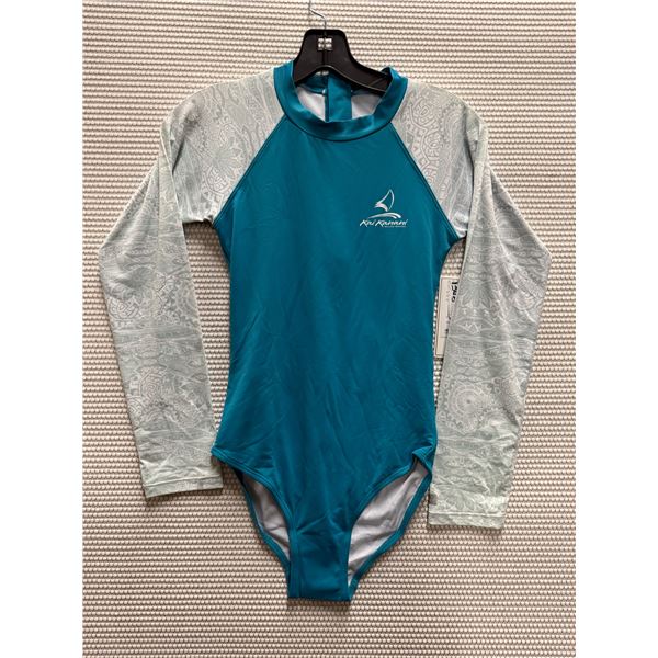 Women's Size 14 GSEA7227 Teal Long-Sleeve One-Piece Rash Guard Swimsuit UPF 50