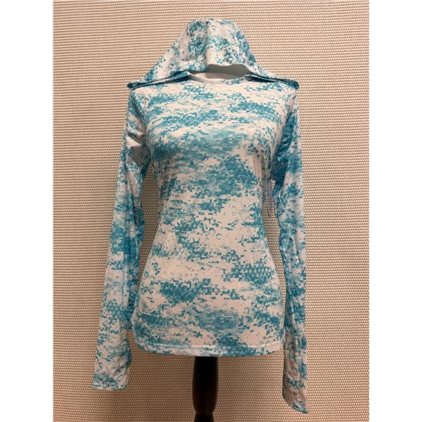 Women's Size S Super Tidal Tee Atoll Blue & White Long Sleeve Hoodie