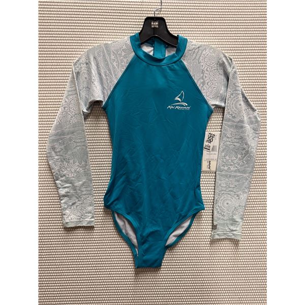 Women's Size 10 GSEA7227 Teal Long-Sleeve One-Piece Rash Guard Swimsuit UPF 50