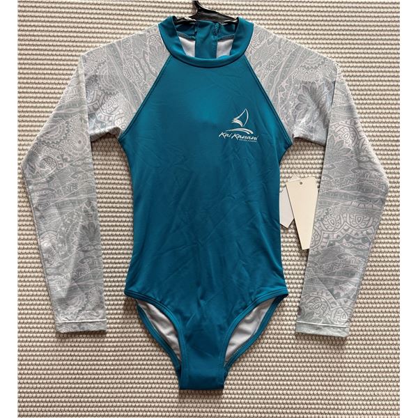 Women's Size 8 GSEA7227 Teal Long-Sleeve One-Piece Rash Guard Swimsuit UPF 53