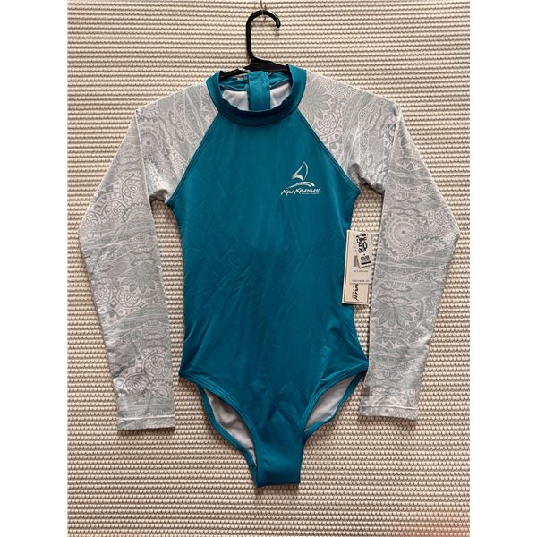 Women's Size 10 GSEA7227 Teal Long-Sleeve One-Piece Rash Guard Swimsuit UPF 54