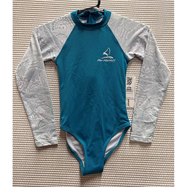 Women's Size 6 GSEA7227 Teal Long-Sleeve One-Piece Rash Guard Swimsuit UPF 57