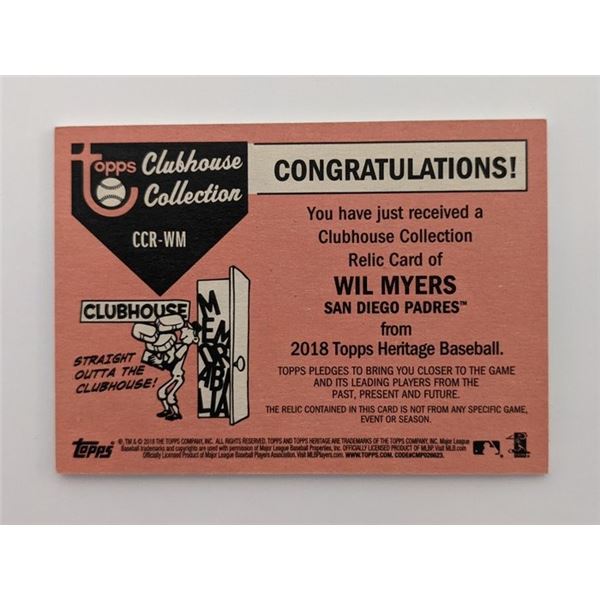 Wil Myers Baseball Trading Card with Game Worn Jersey Swatch - Topps Heritage Clubhouse Collection #
