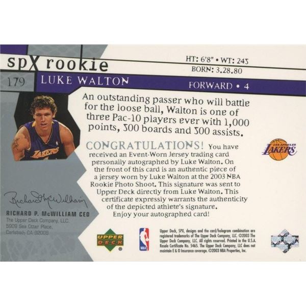 LA Lakers Luke Walton signed rookie card and jersey swatch