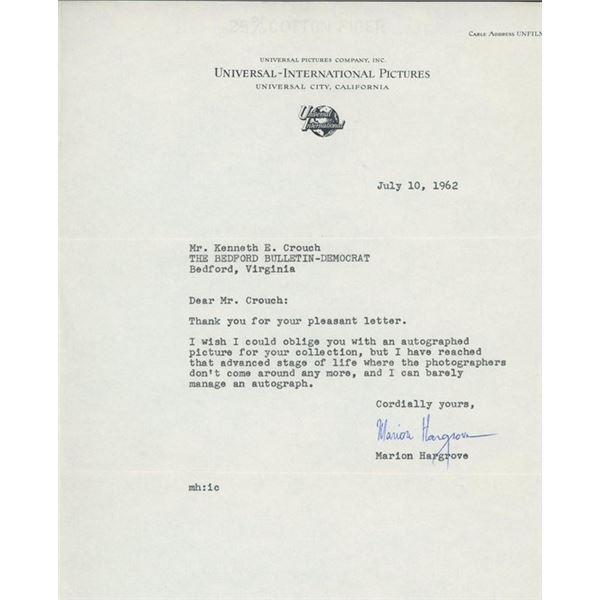 Marion Hargrove signed letter