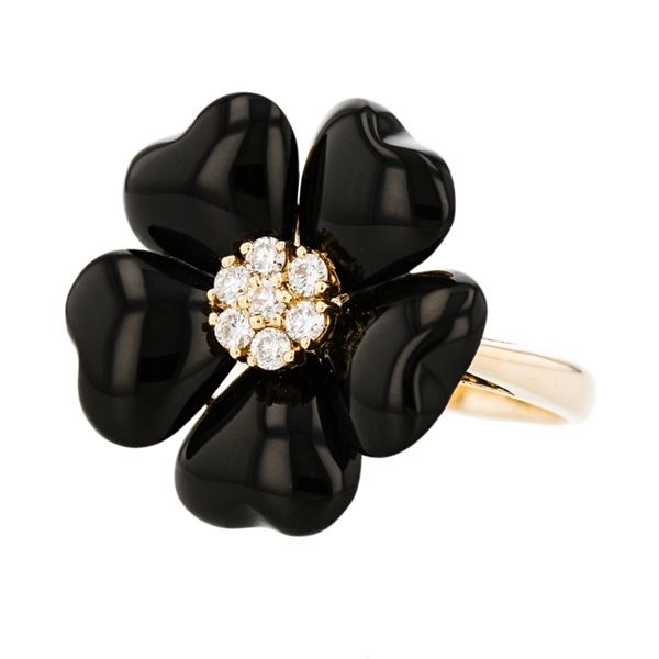 18K Yellow Gold Black Onyx & 0.25ctw Diamond Ring