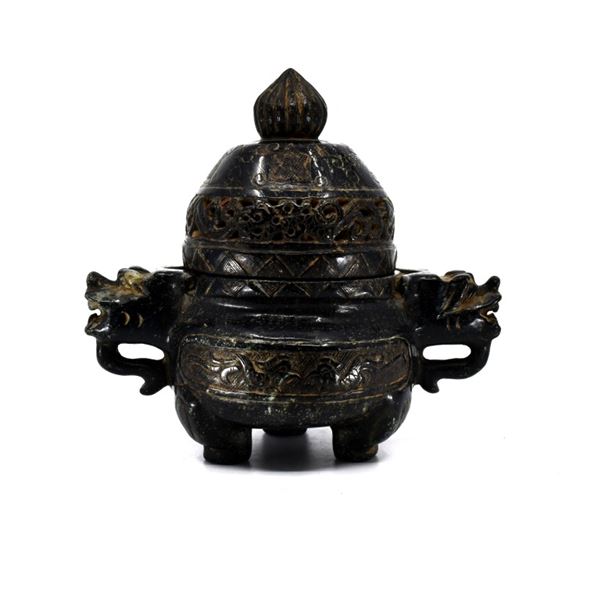 Estate Chinese Carved Onyx Dragon Tripod Censer