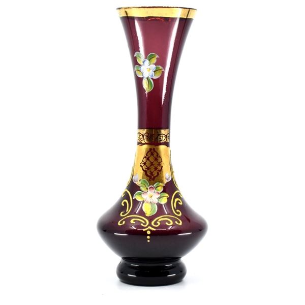 Vintage French Ruby Glass Floral Gold Vase