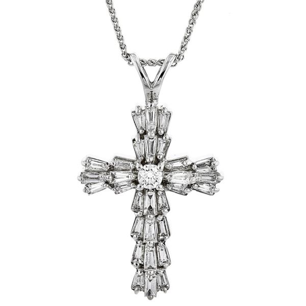 14K White Gold 1.30ctw Baguette Diamond Cross Pend