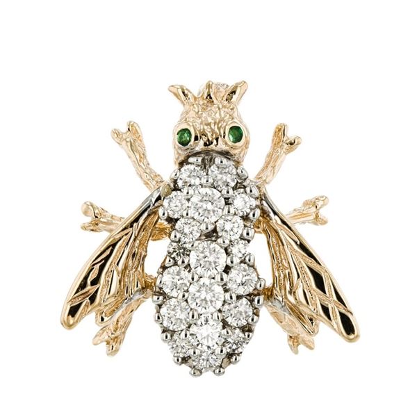 14K  Yellow Gold 1.00ctw Diamond & Emerald Brooch