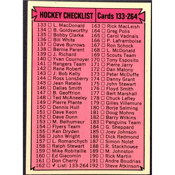 1974-75 TOPPS NHL CHECKLIST