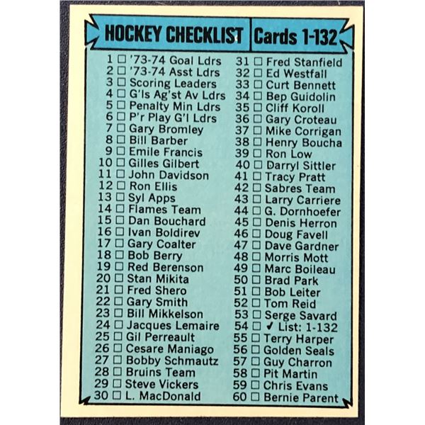 1974-75 TOPPS NHL CHECKLIST