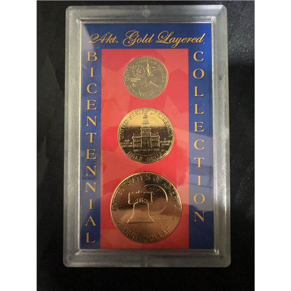 24kt Gold Layered US Bicentennial Coin Collection with $1, 50¢, and 25¢ Coins