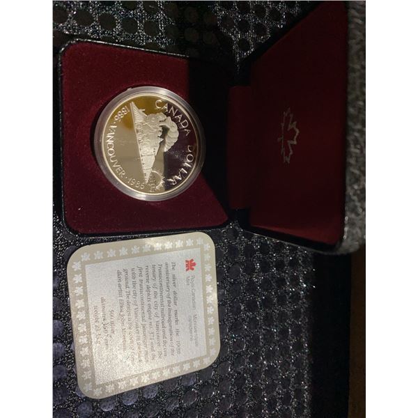 1986 Canada Silver Dollar Transcontinental Railroad Proof Coin, Box & COA, 23.33g, .500 Silver