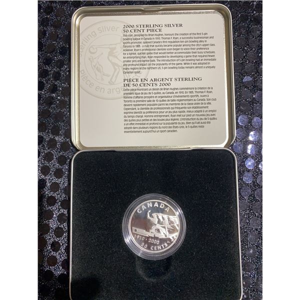 2000 Sterling Silver 50 Cent Coin Canada 1910-2000, 5-Pin Bowling Commemorative
