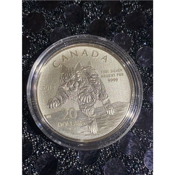 2014 Canada $20 Fine Silver Coin Bobcat .9999, Queen Elizabeth II, In Capsule