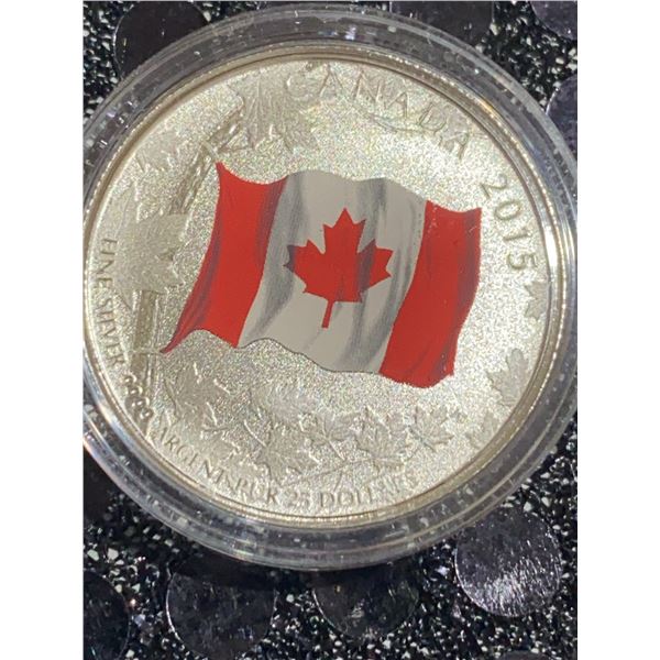 2015 Canada $3 Fine Silver Coin With Coloured Canadian Flag, Elizabeth II Obverse