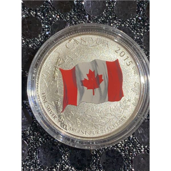 2015 Canada $5 Fine Silver Coin With Colourized Canadian Flag, .9999 Silver