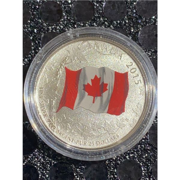 2015 Canada $25 Fine Silver Coin With Colored Canadian Flag, Queen Elizabeth II