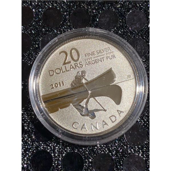 2011 Canadian $20 Fine Silver Coin Canoe Design in Capsule