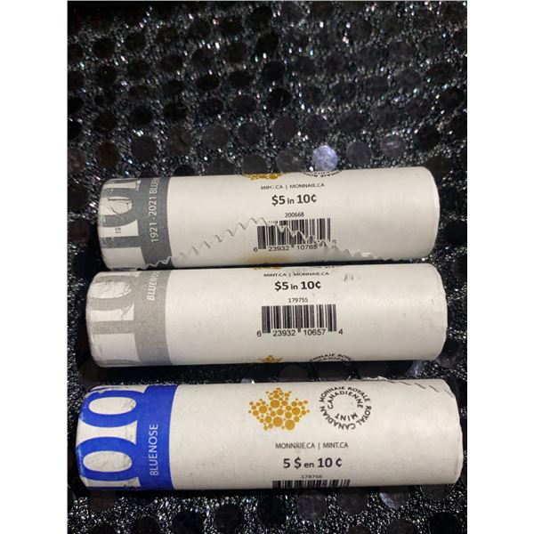 Three Rolls Canadian 2021 Bluenose 10 Cent Commemorative Coins, $5 Face Value Each