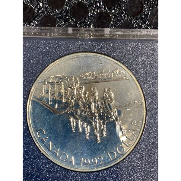 1992 Canada Silver Dollar Coin, .500 Silver, Horse-Drawn Carriage Reverse, Queen Elizabeth II