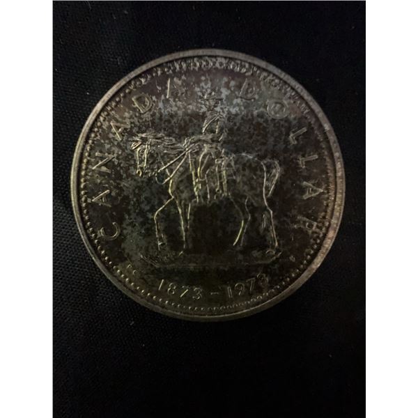 1973 Canadian Dollar 23g .500 Silver Mountie Centennial Coin, Queen Elizabeth II Obverse
