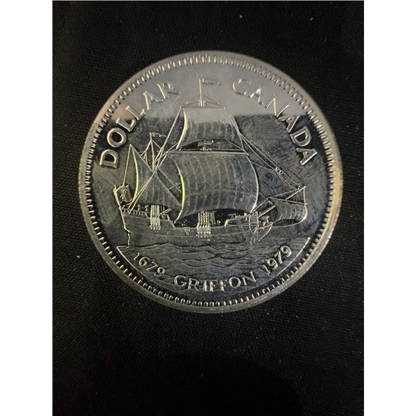 1979 Canada Griffon Dollar Coin, 23g, .500 Silver, Depicting Ship and Queen Elizabeth II