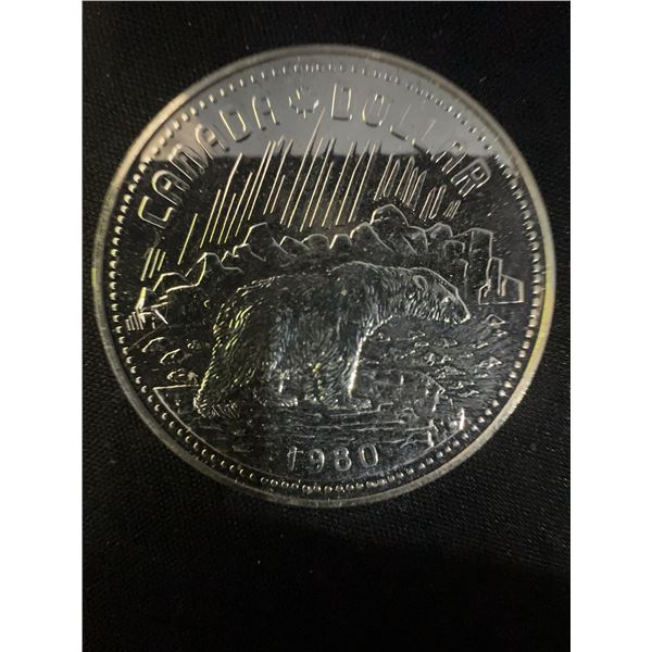 1980 Canada Dollar 23g .500 Silver Coin with Polar Bear Design, Queen Elizabeth II Obverse