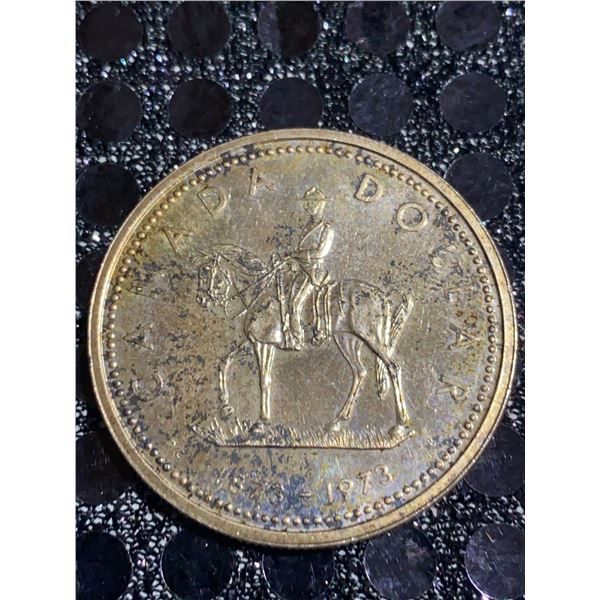 1973 Canadian Silver Dollar, RCMP Centennial, 23g, 500 Silver, Queen Elizabeth II Obverse